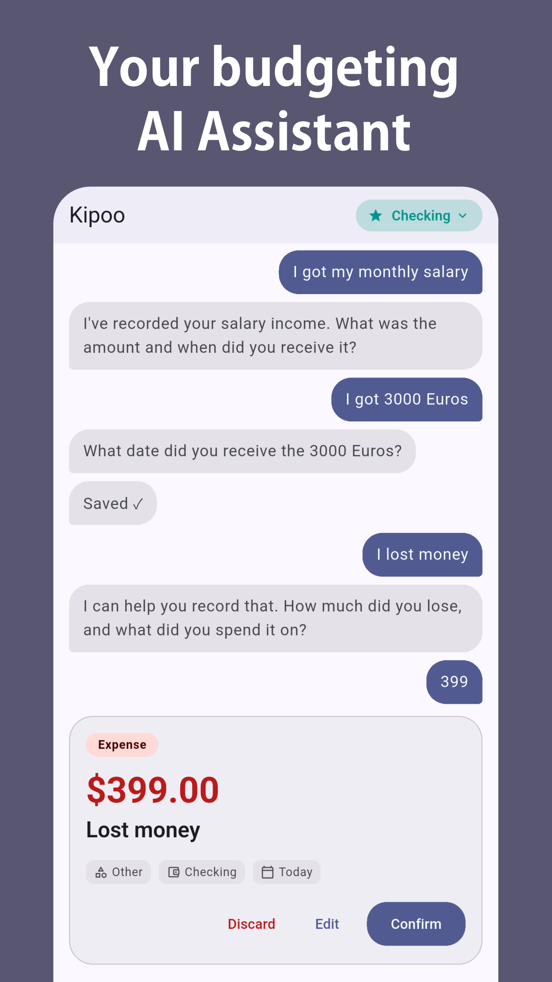 Kipoo chat screen with AI assistant and confirm card